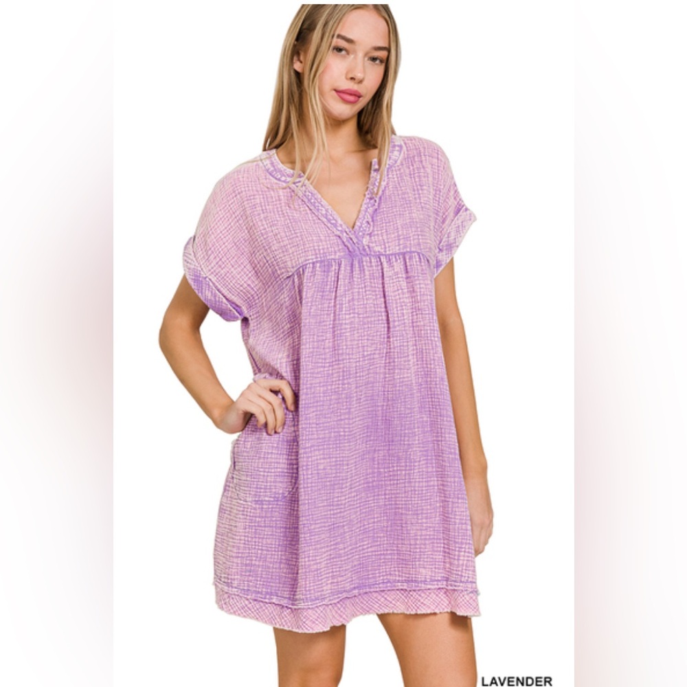 NWT Zenana Washed Double Gauze Raw Edge V Neck Dress